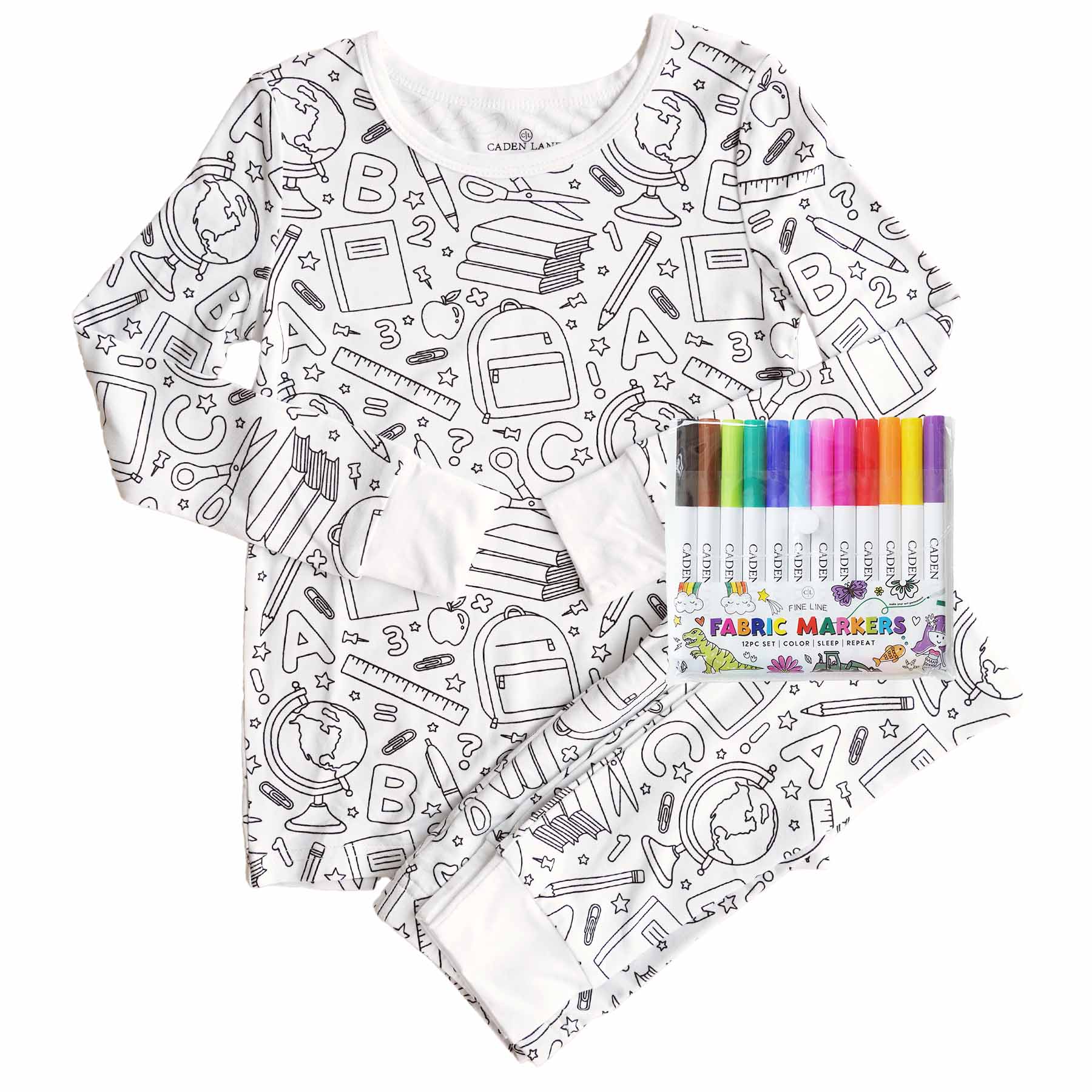Pijama de Bambú para Colorear | Días de Escuela | Conjunto de Dos Piezas | Rotuladores Incluido