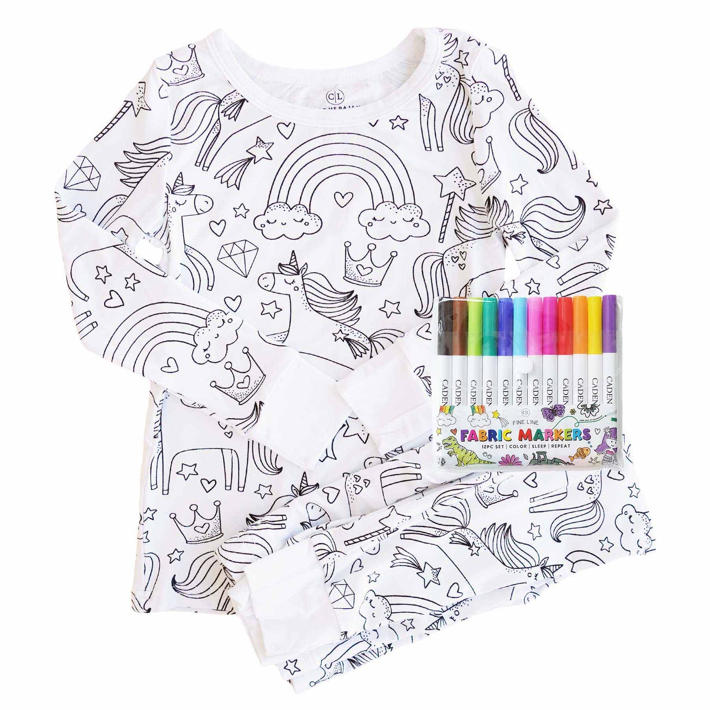 Pijama de Bambú para Colorear | Unicornios | Conjunto de Dos Piezas | Rotuladores Incluido