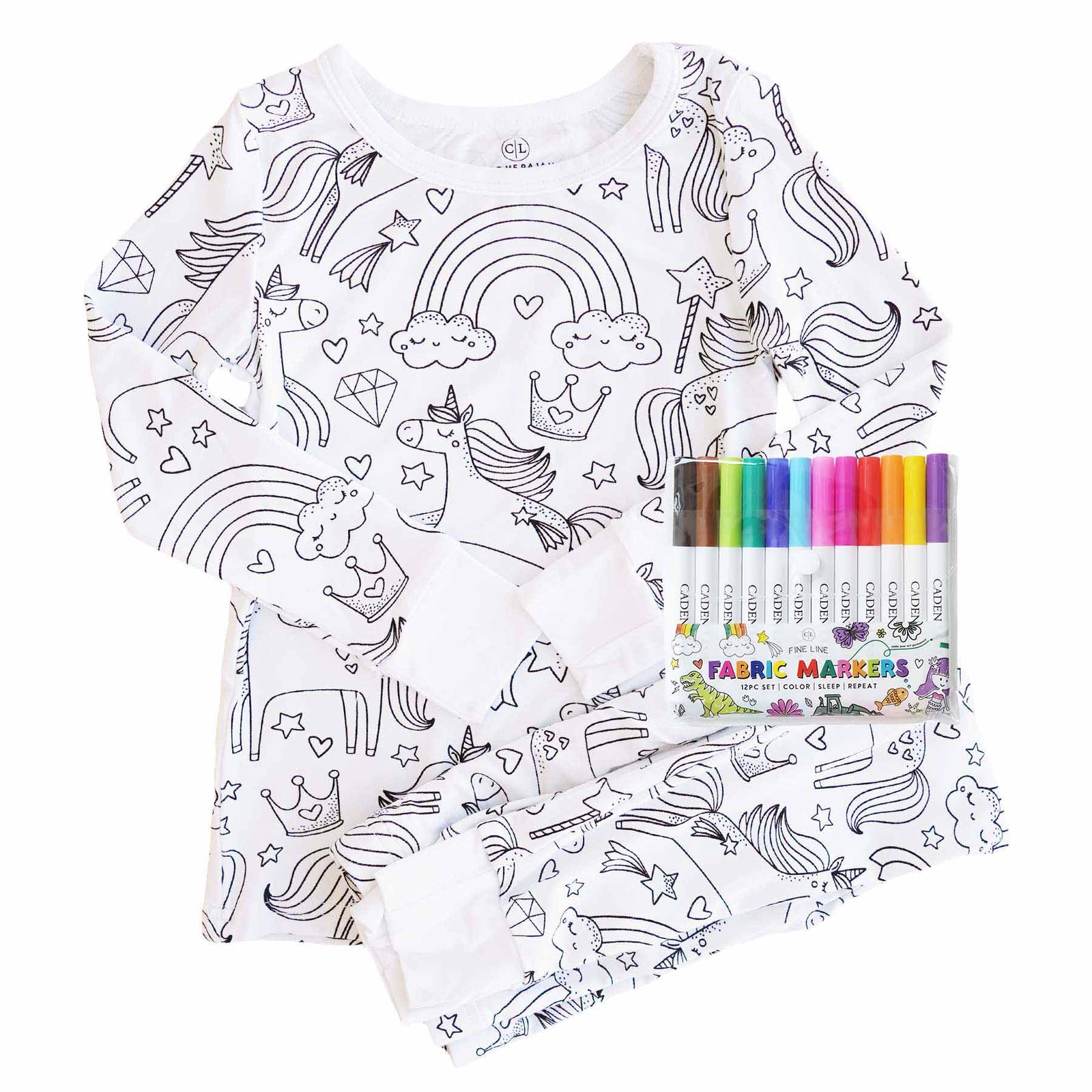 Pijama de Bambú para Colorear | Unicornios | Conjunto de Dos Piezas | Rotuladores Incluido