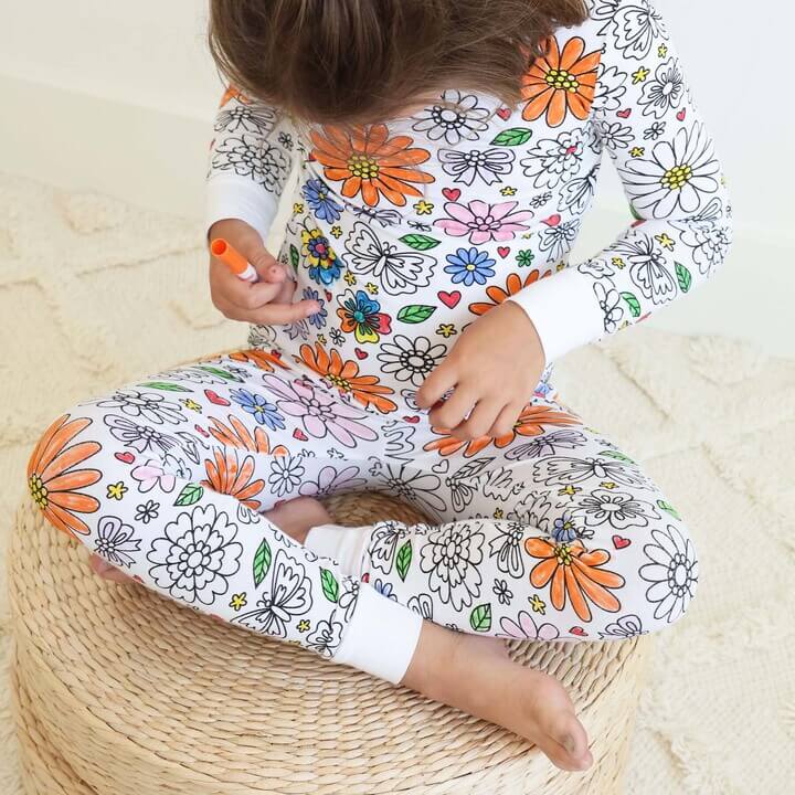 Pijama de Bambú para Colorear | Floral | Conjunto de Dos Piezas | Rotuladores Incluido